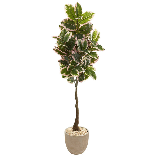 70” Variegated Rubber Leaf Artificial Tree in Sandstone Planter (Real Touch)