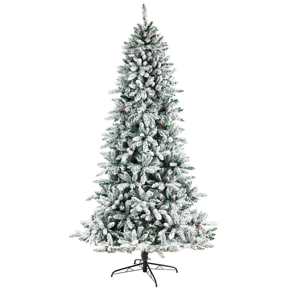 8’ Flocked Livingston Fir Artificial Christmas Tree with Pine Cones and 500 Clear Warm LED Lights