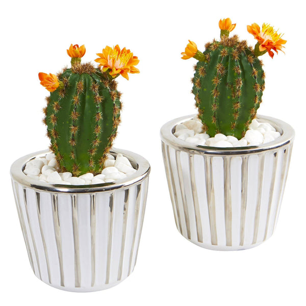 8” Flowering Cactus Artificial Plant in Decorative Planter (Set of 2)