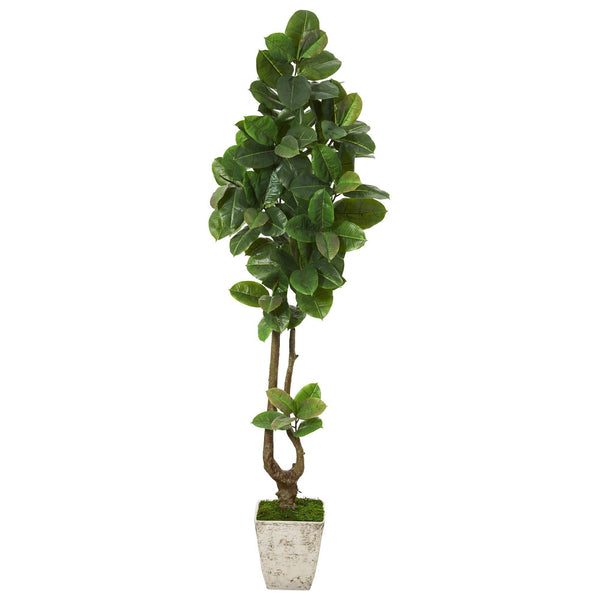 82” Rubber Leaf Artificial Tree in Country White Planter (Real Touch)