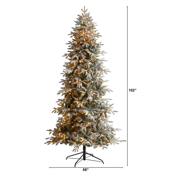 8.5’ Flocked Manchester Spruce Artificial Christmas Tree with 550 Lights and 1317 Bendable Branches