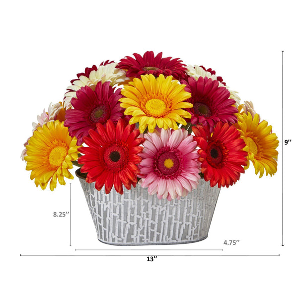 9” Gerber Daisy Artificial Arrangement in White Tin Vase