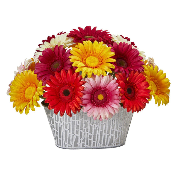 9” Gerber Daisy Artificial Arrangement in White Tin Vase