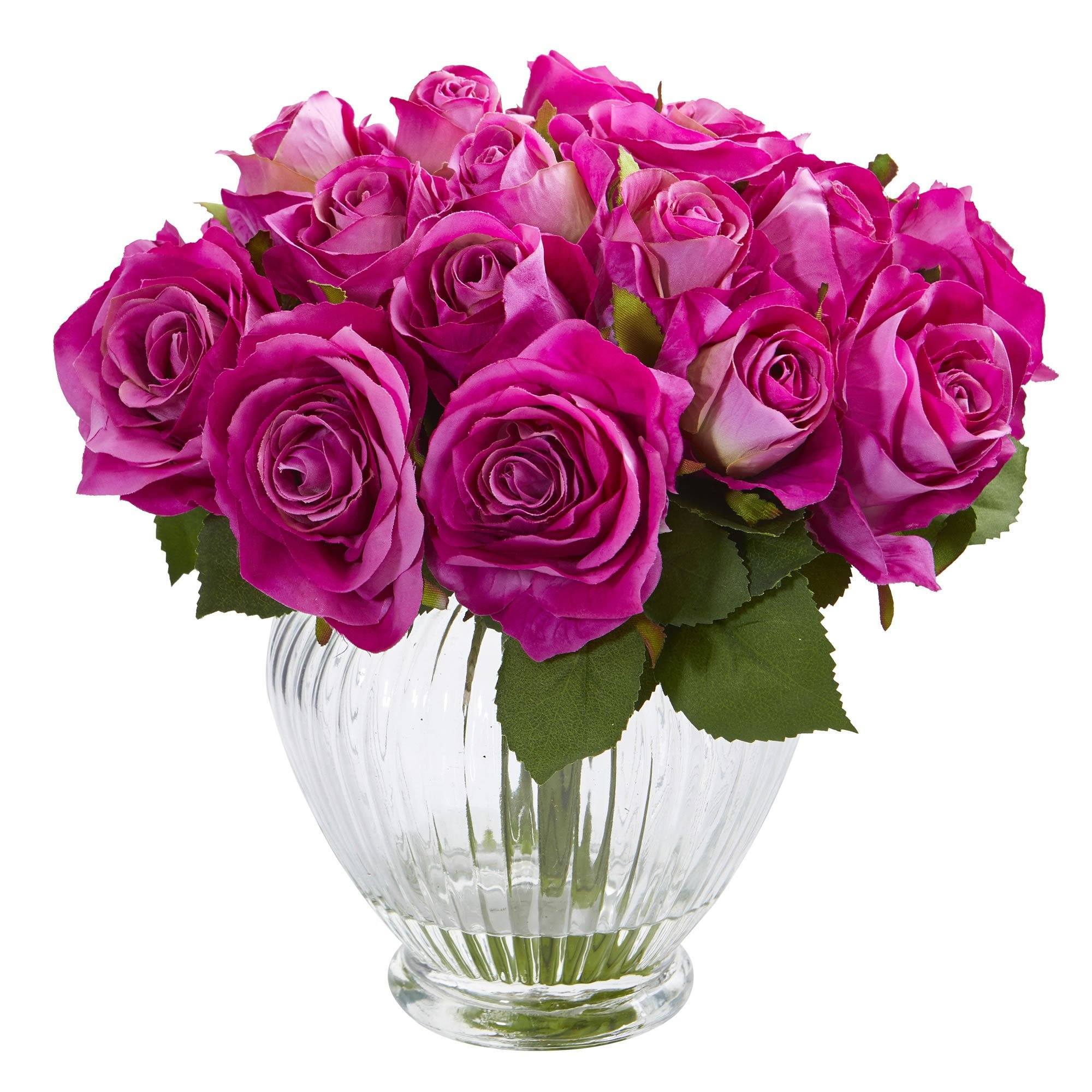 9” Rose Artificial Floral Arrangement in Elegant Glass Vase 1539
