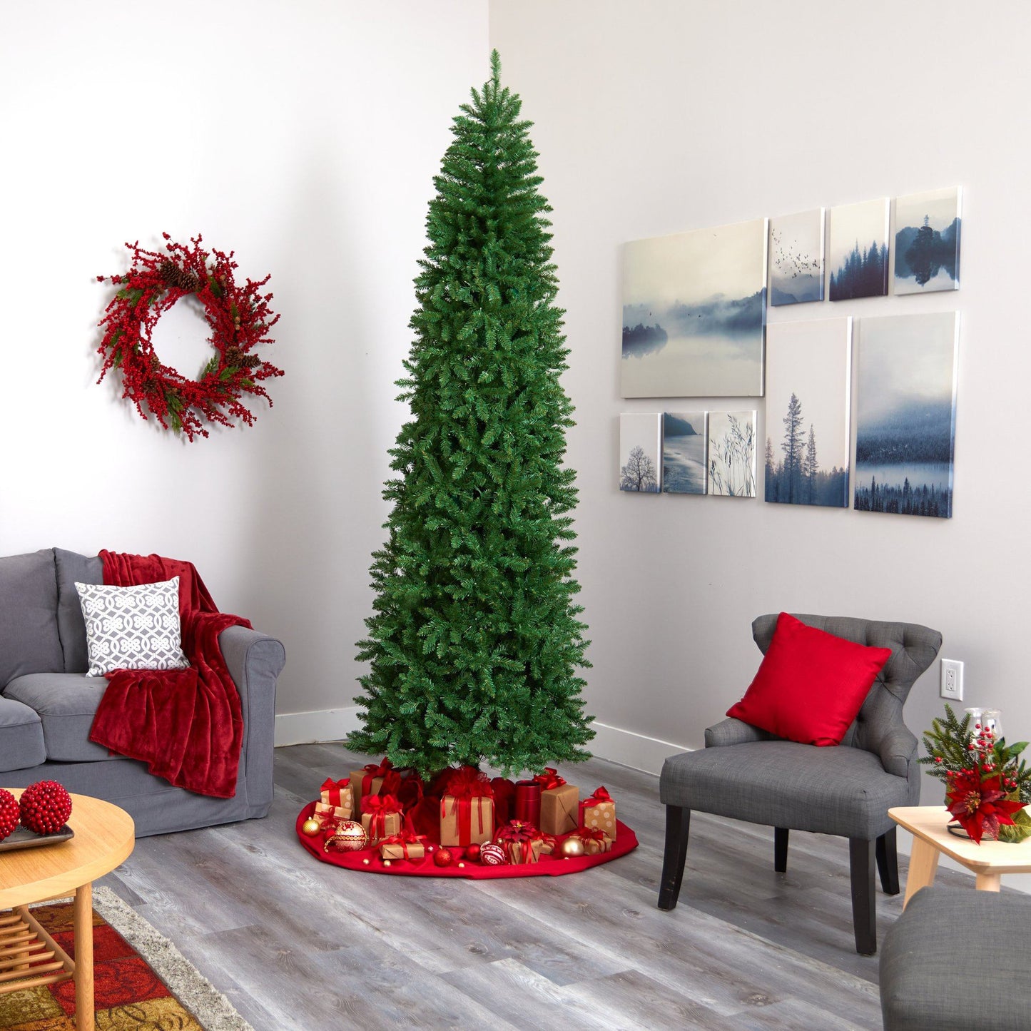 9’ Slim Green Mountain Pine Artificial Christmas Tree with 600 Clear ...
