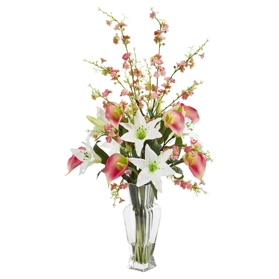 Calla, Lily and Cherry Blossom Artificial Arrangement 1776 Nearly Natural