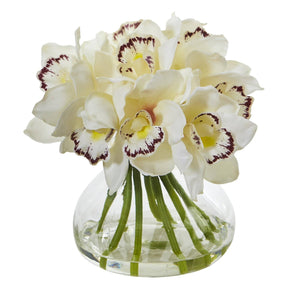 Cymbidium Orchid Artificial Arrangement in Glass Vase 1912 Nearly Natural