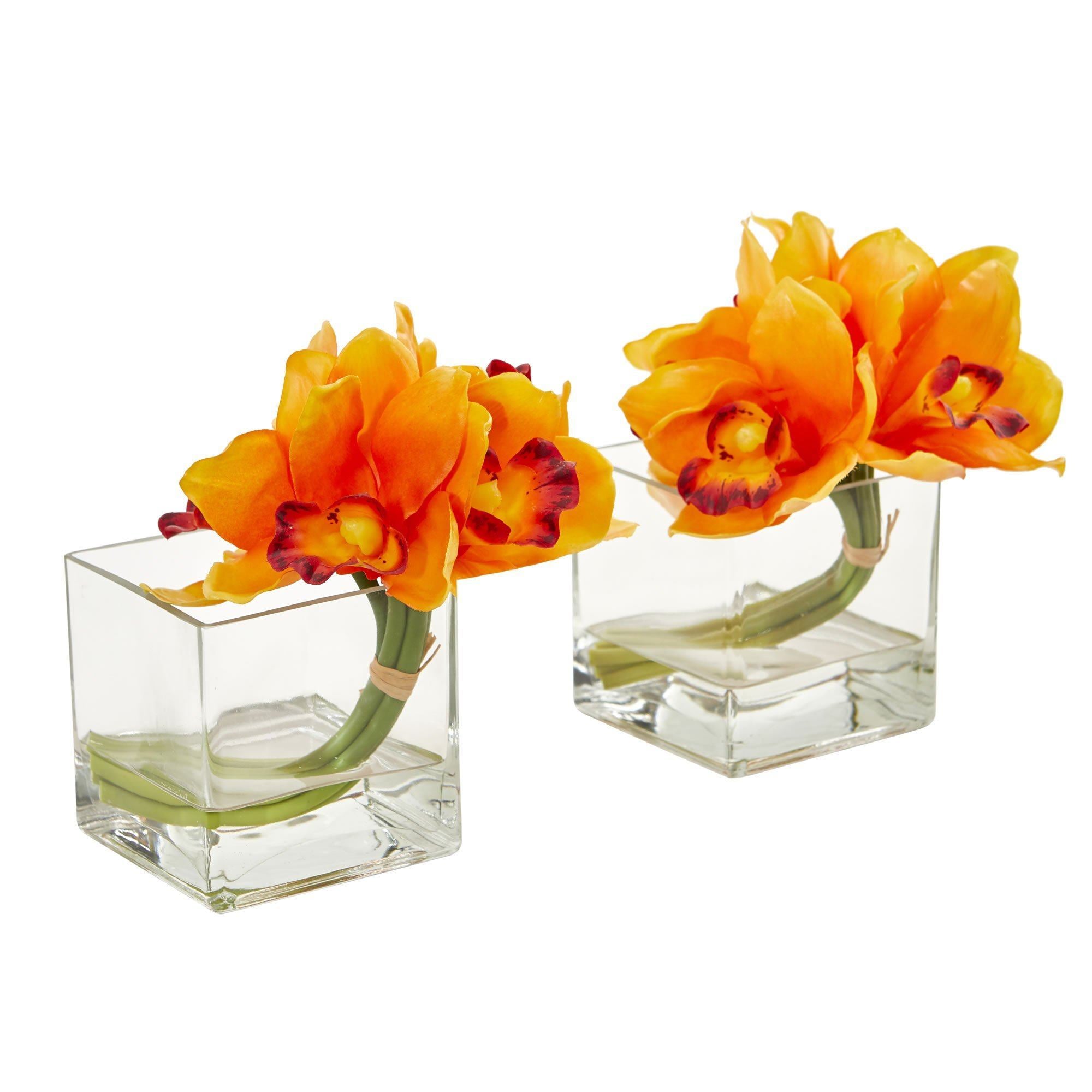 Cymbidium Orchid deals Artificial Arrangement in Glass Vase (Set of 2).-DGF5SD