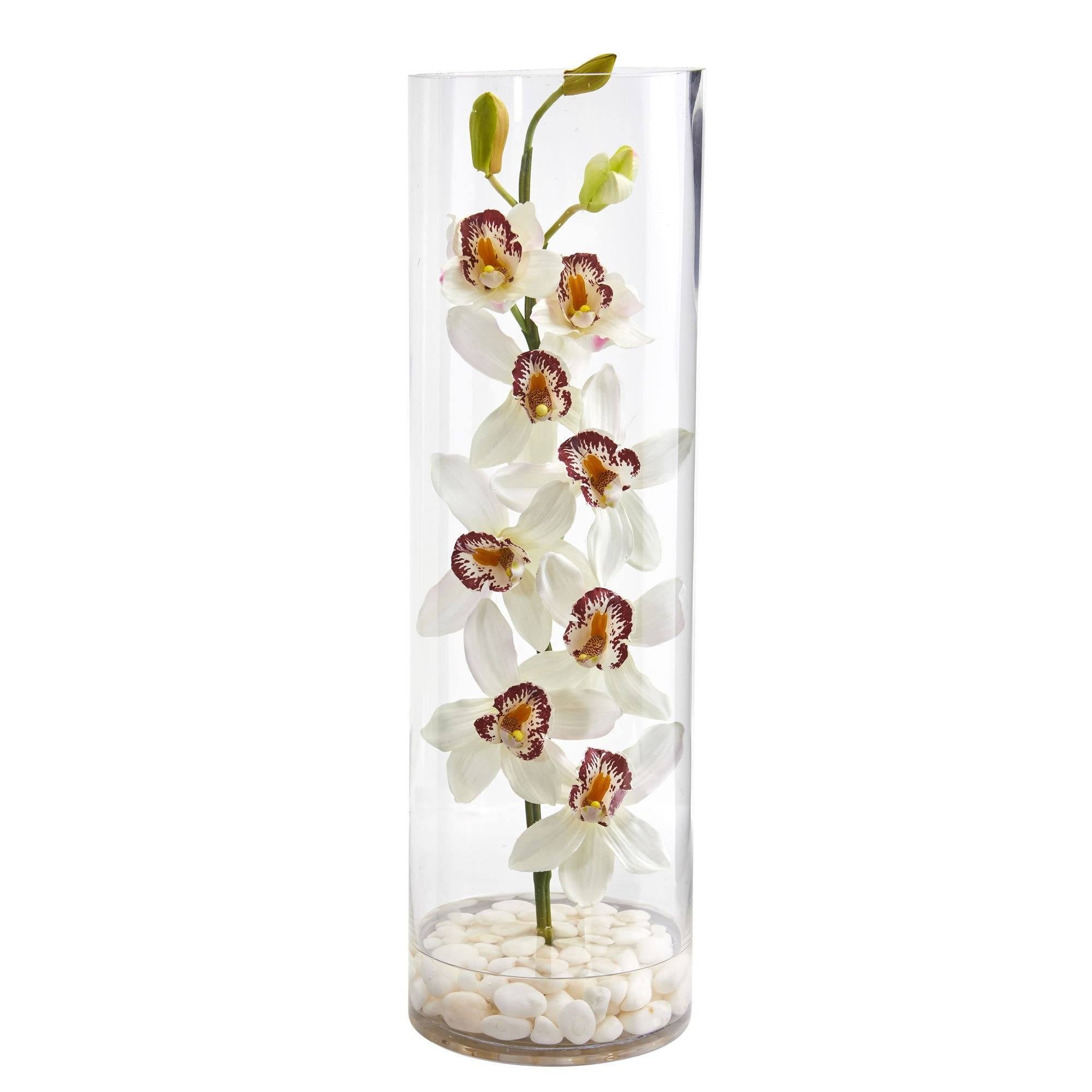 Cymbidium Orchid Artificial Arrangement In Tall Cylinder Vase Nearly Natural