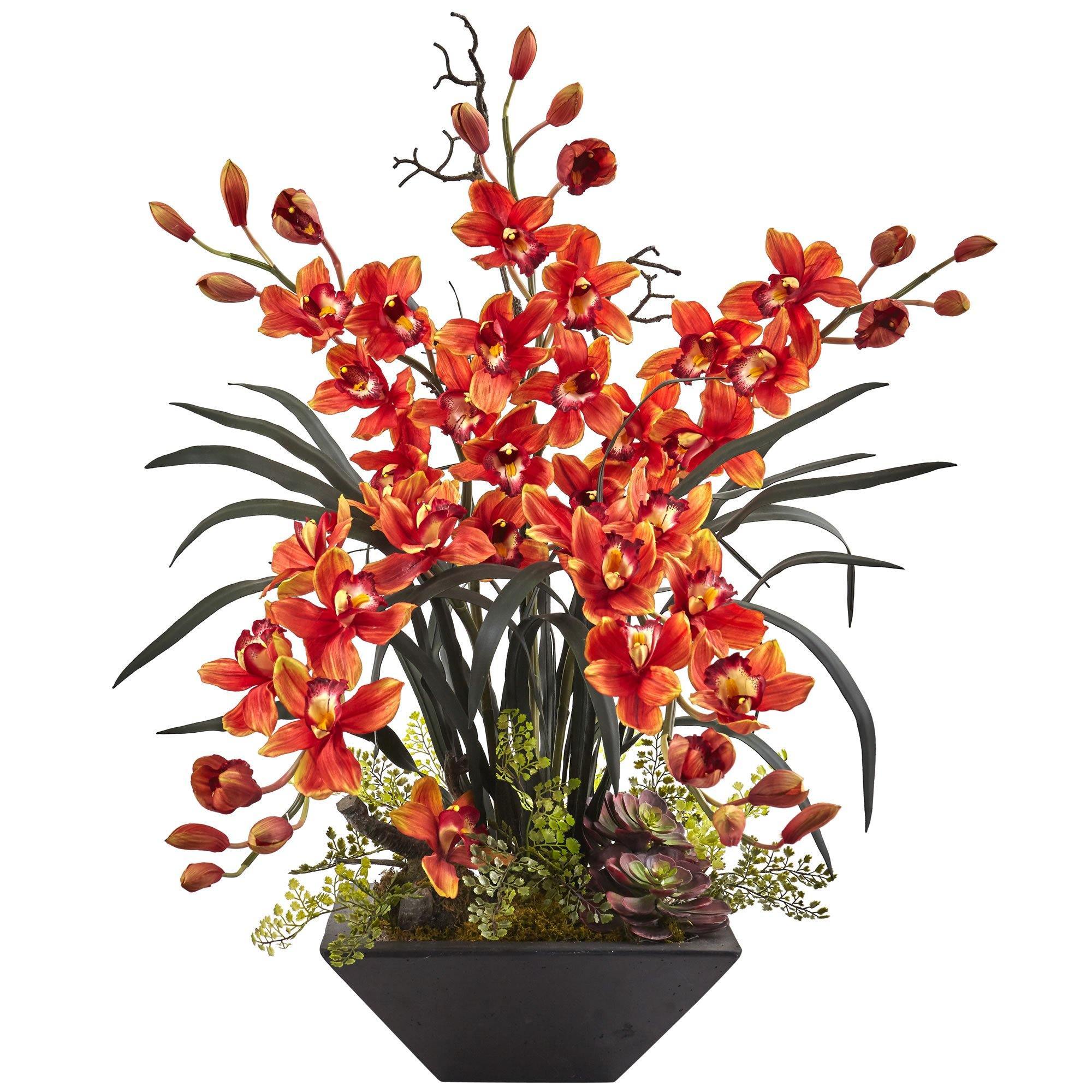 Cymbidium Orchid with Black Vase 1404 Nearly Natural