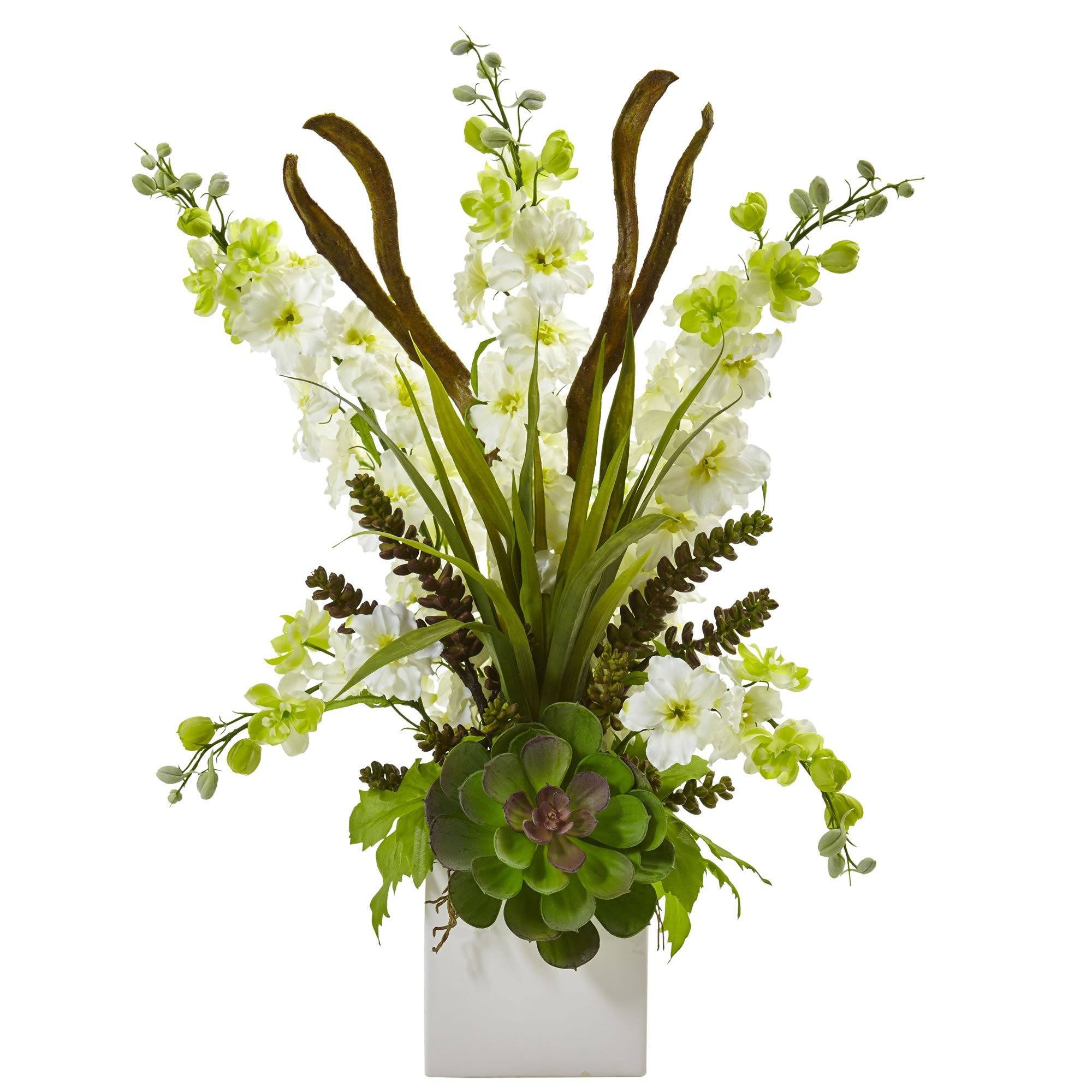 Nearly Natural Delphinium and sold Succulent Arrangement-nqm