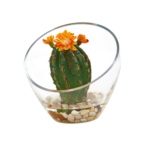 Flowering Cactus Artificial Plant in Glass Vase (Set of 2)