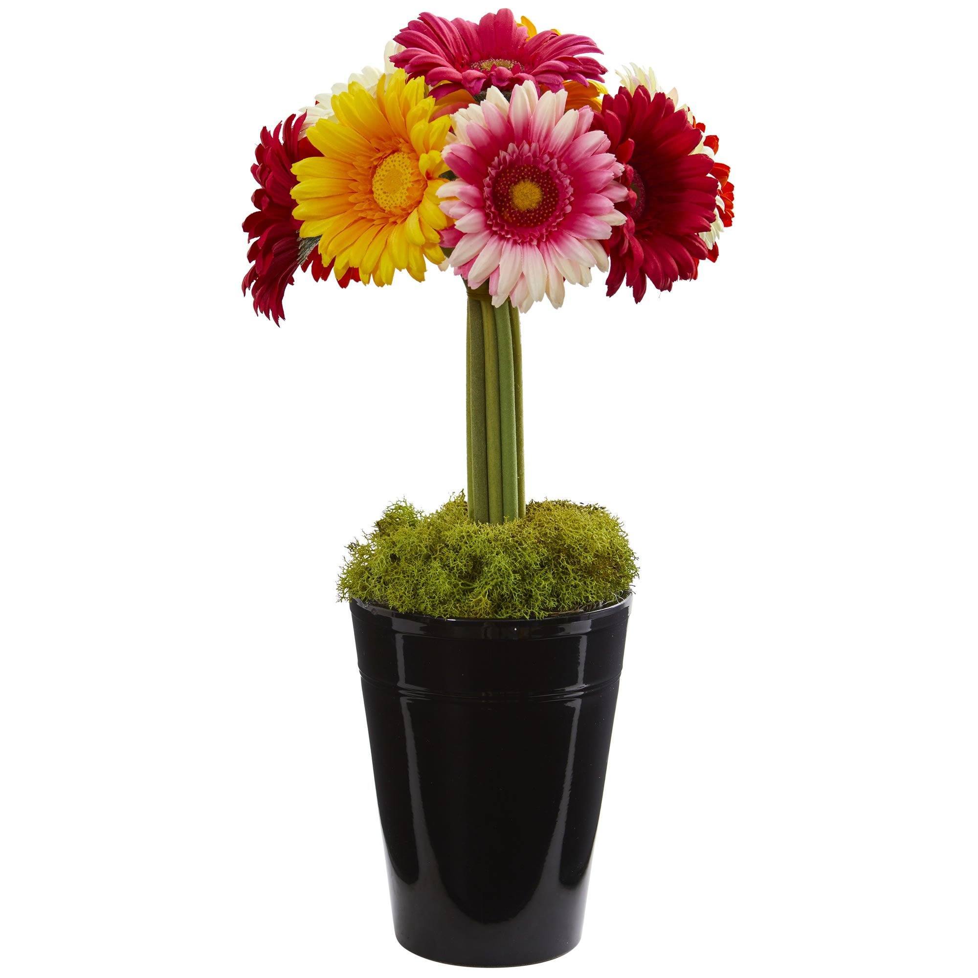 Gerber Daisy Artificial Arrangement in Black Vase 1630 Nearly Natural