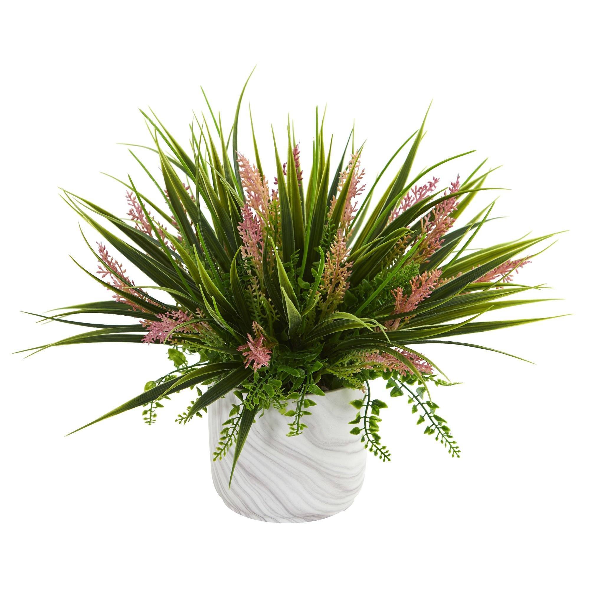 Grass and Fern Artificial Plant in Marble Finished Vase | Nearly Natural