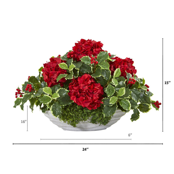 Hydrangea and Holly Leaf Artificial Arrangement in Decorative Vase