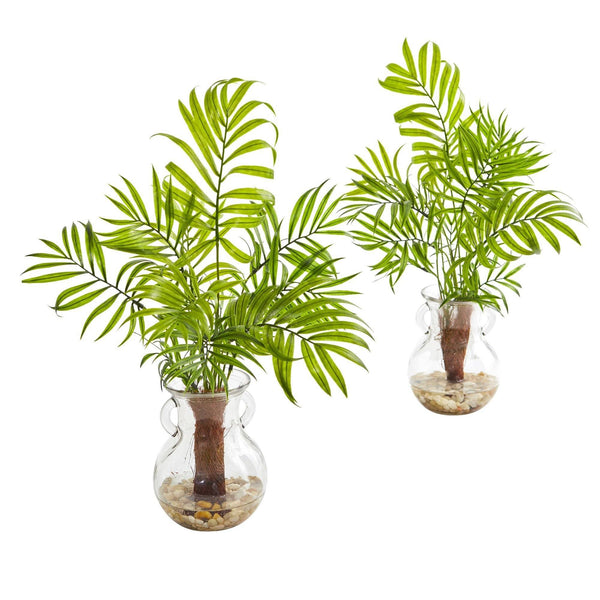 Mini Areca Palm Artificial Plant in Glass Vase (Set of 2)