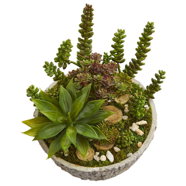 Mini Succulent Garden Artificial Plant in Weathered Oak Planter