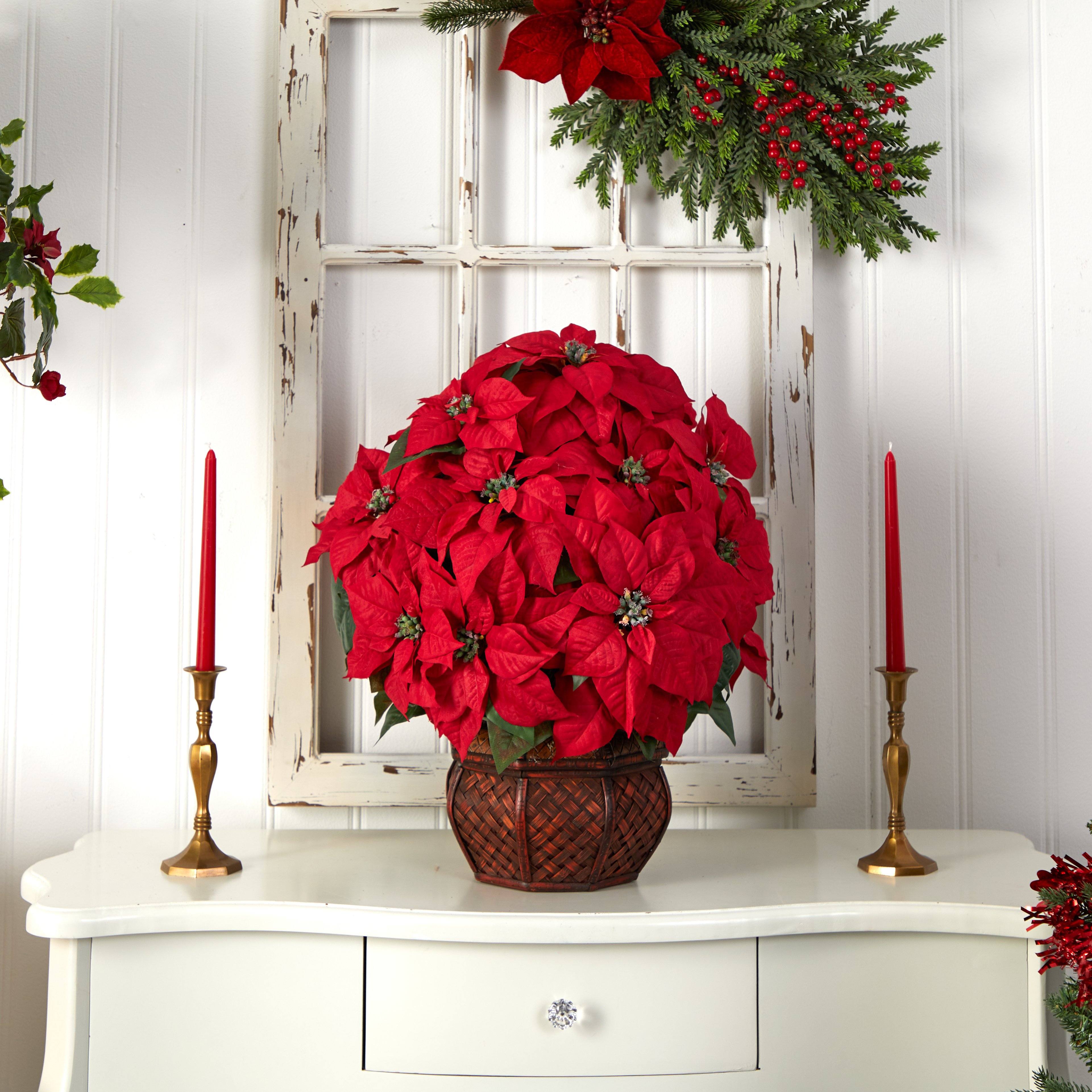 Poinsettia w/Decorative Planter Silk arrangement | Nearly Natural