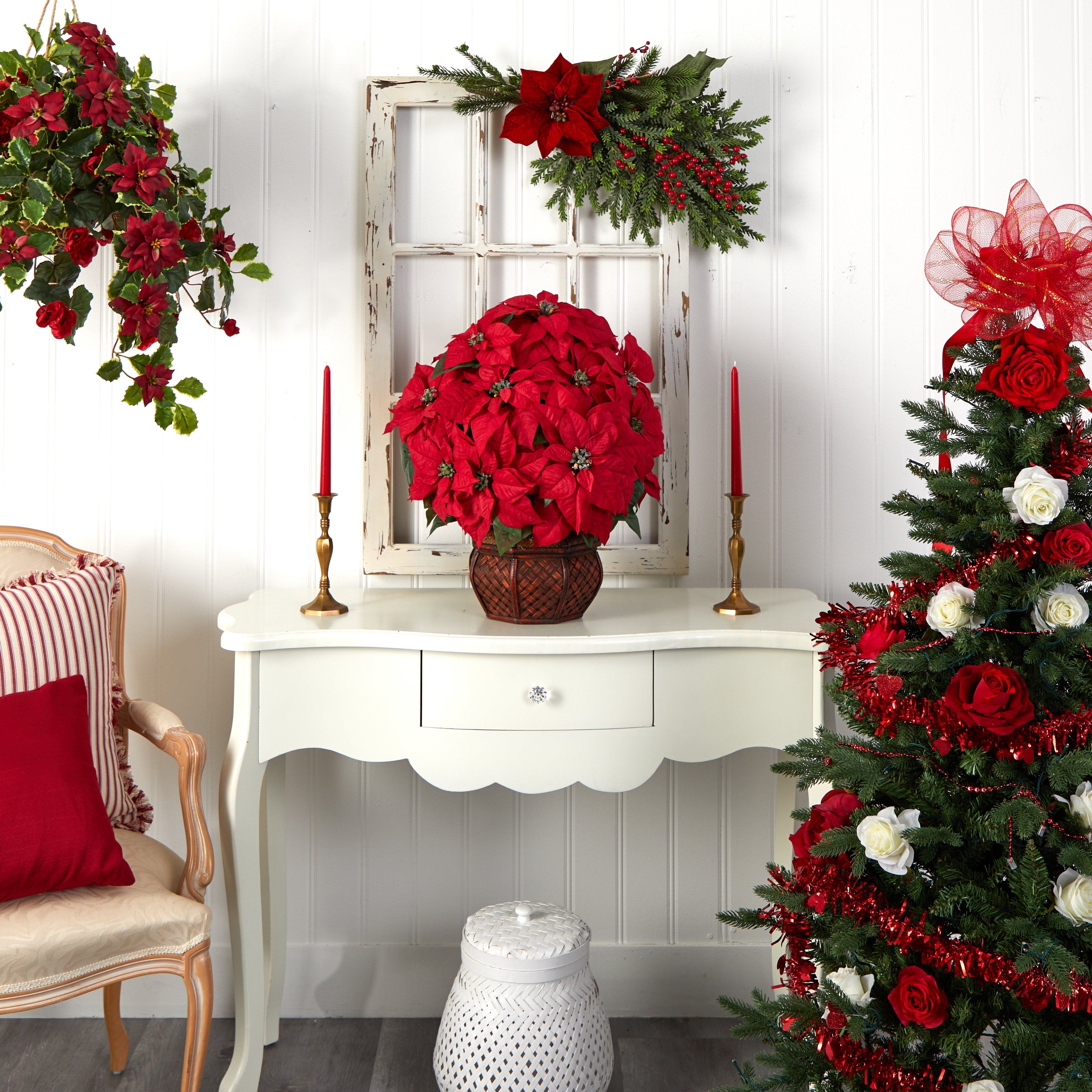 Poinsettia w/Decorative Planter Silk arrangement | Nearly Natural