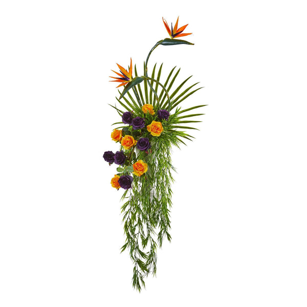 Rose, Bird of Paradise and Fan Palm Artificial Arrangement in Urn