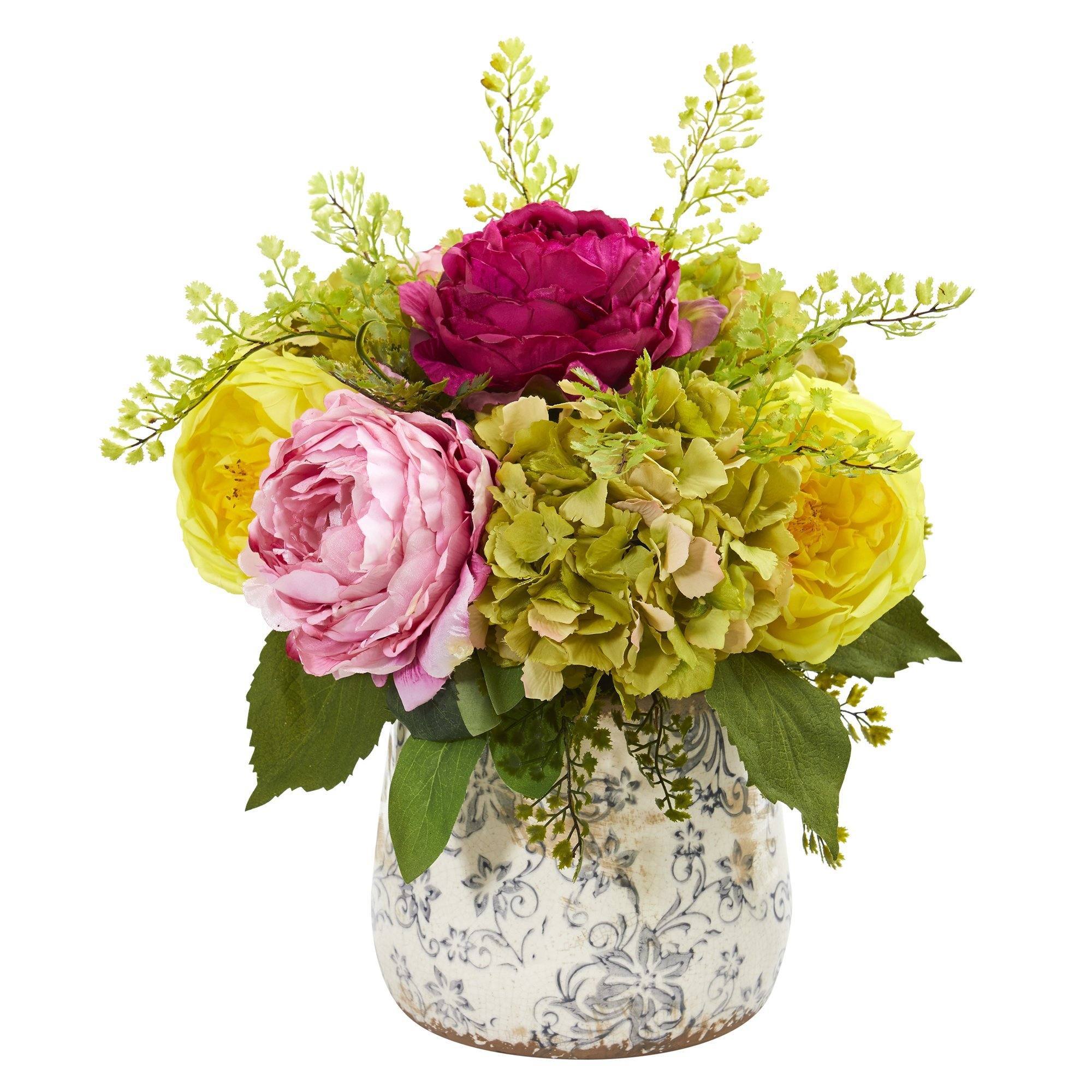 Rose, Peony And Hydrangea Artificial Arrangement In Vase 