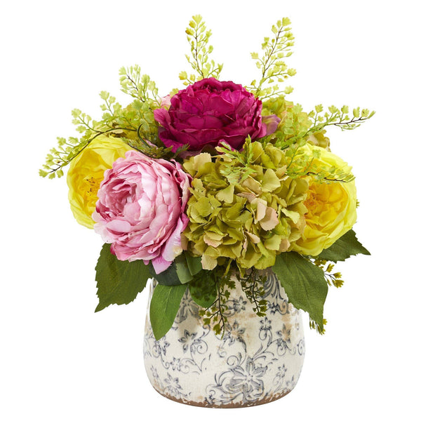 Rose, Peony and Hydrangea Artificial Arrangement in Vase