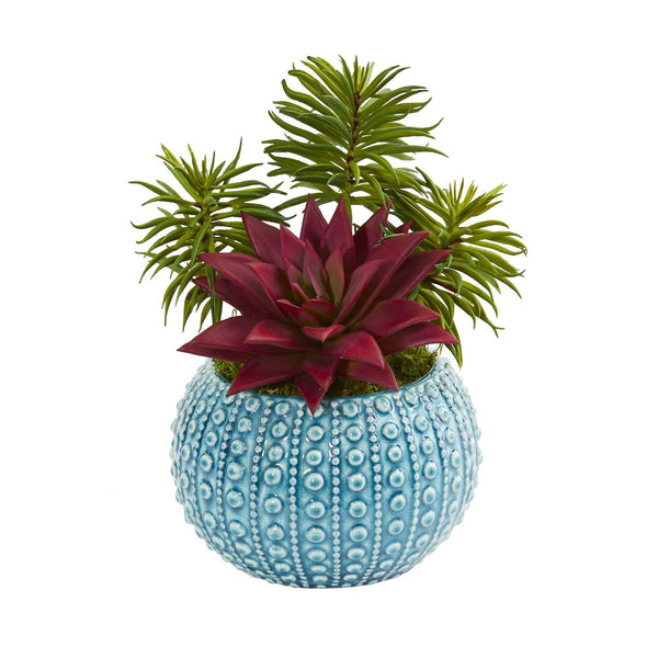 Succulent Artificial Plant in Blue Vase (Set of 2)