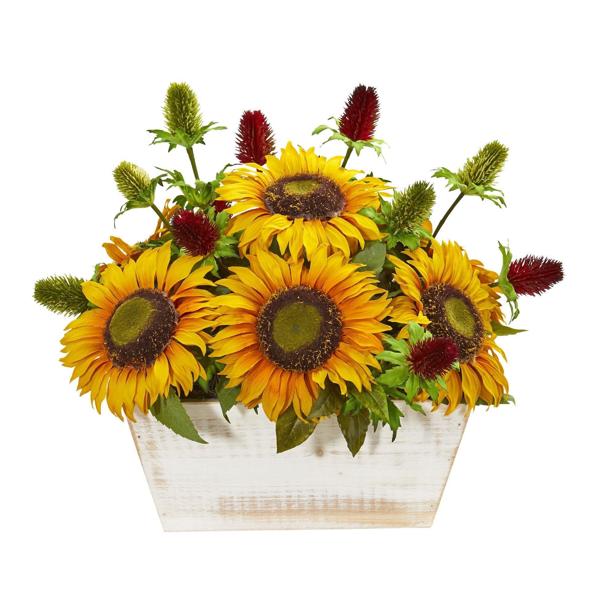 Sunflower And Thistle Artificial Arrangement In White Wash Planter ...